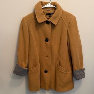 Preston & York Women’s Camel Pea Coat with Gray Cuffs. 80%Wool. Size Small